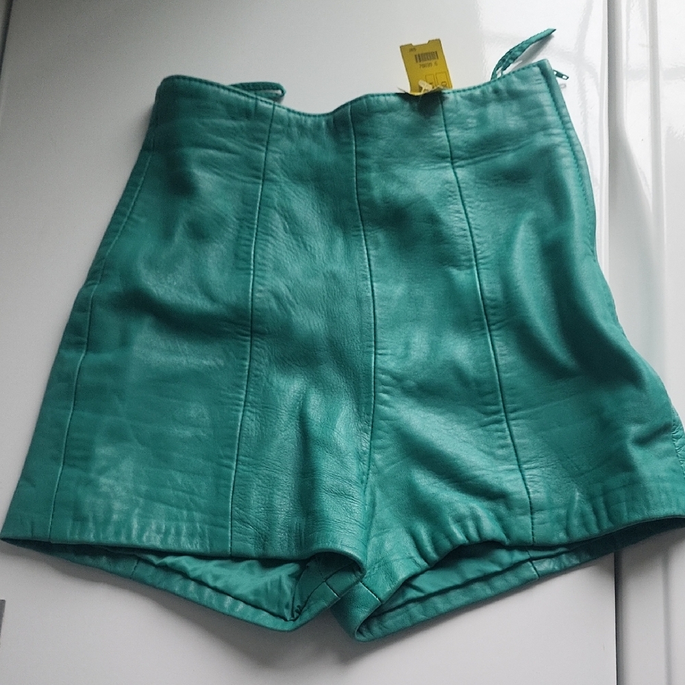 Michael Hoban Turquoise Leather High Waist Shorts
